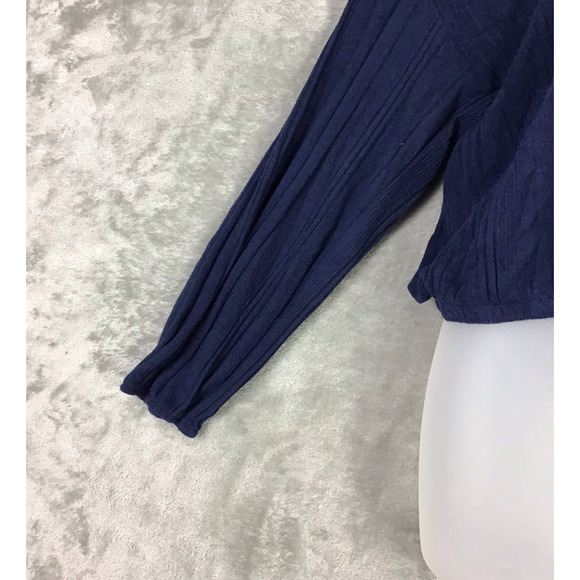 White Willow Women’s Navy Ribbed Long Sleeve Cropped Top Drawstring Hem Sz M - Picture 4 of 13